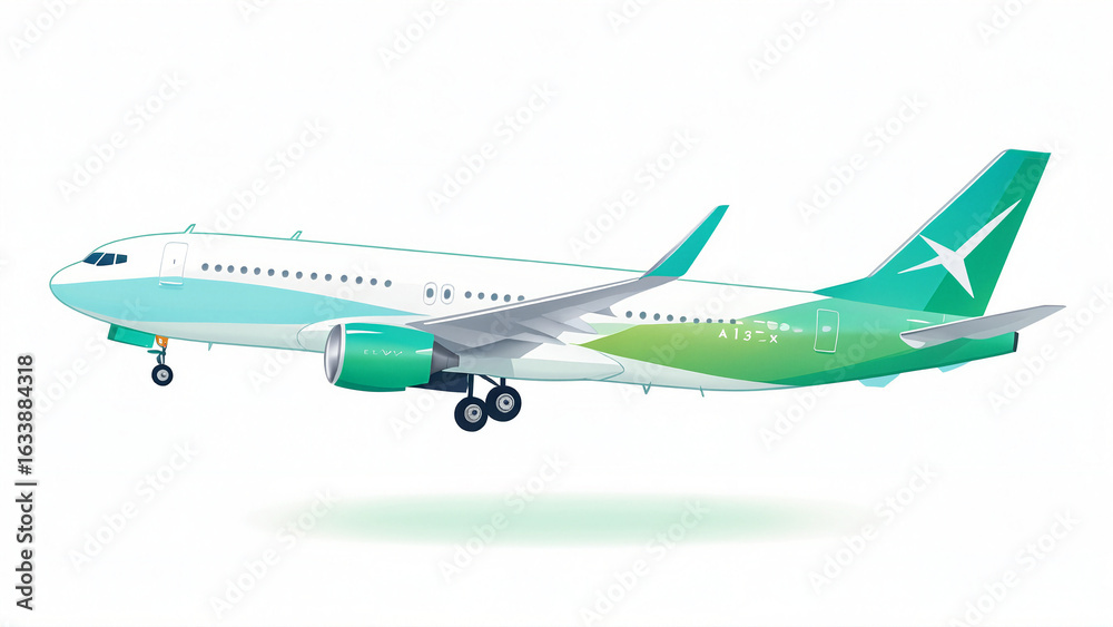 Obraz premium airplane in the sky，blue，green，light green，white，big plane，flat design