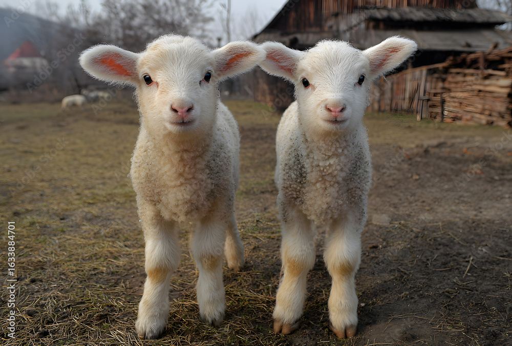 Obraz premium Two little lambs at eco farm, from Tulcea, Romania.