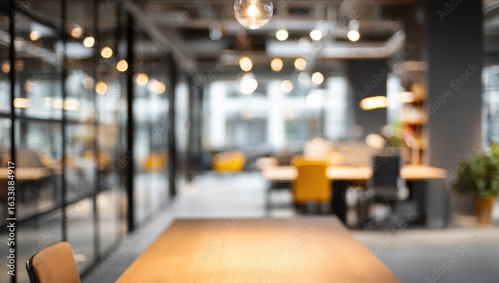 Blurred modern office interior, light-filled space, wooden table foreground Blurred modern office interior, light-filled space, wooden table foreground