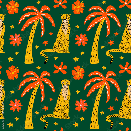 	
Wild jungle animal, exotic flowers, tropical plants cartoon vector seamless pattern design in groovy funky colorful boho style with illustration of cheetah, leopard, jaguar, leaves, palm tree
