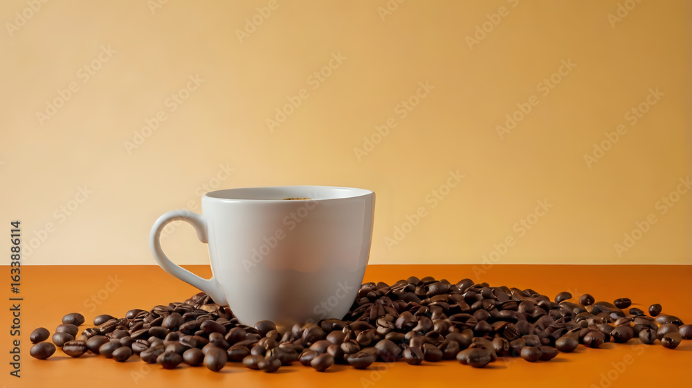Naklejka premium cup of coffee, Spilled Coffee Beans Near White Cup on Orange and Yellow Background