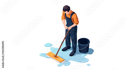 An isometric vector illustration of a male janitor or cleaning worker mopping the floor.