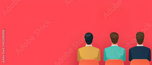 Three individuals sitting chairs against vibrant red background, symbolizing employee onboarding process and career development human resources. minimalist design emphasizes teamwork