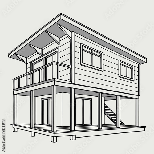 Illustration of a two story house with a balcony and stairs on stilts with a gray background color