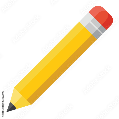 A single, perfectly sharpened yellow pencil with a pink eraser, a classic school supply ready for writing on a plain white background.