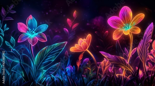 Neon flowers in night meadow. Colorful vibrant glowing foliage.
