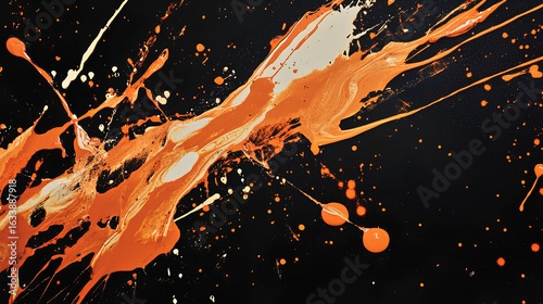 Orange paint splash on black background. Close-up of dynamic splatter effect. 