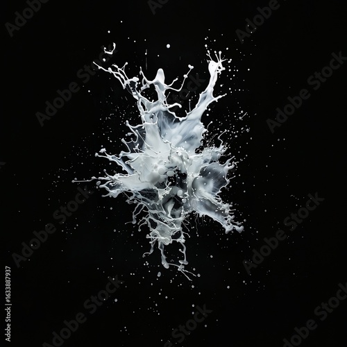 Dynamic white liquid splash in motion isolated on black background.

