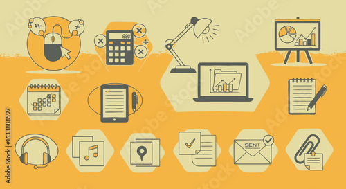 Business concept illustration with a set of flat design icons for office work, data analysis, and digital communication.