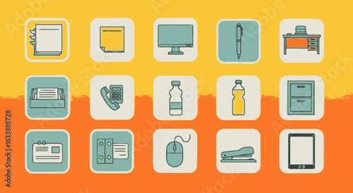 A set of flat design office supply and business equipment icons against a colorful retro background.