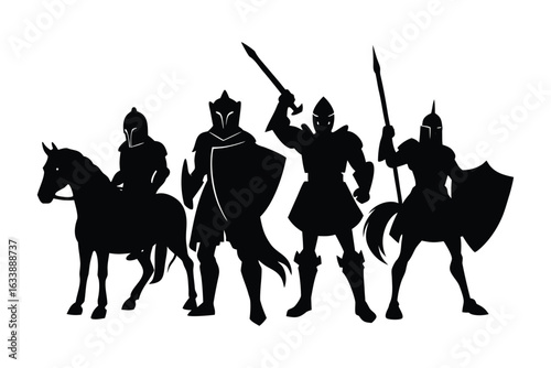 Silhouette of Medieval Knights on Horseback and Foot Preparing for Battle in an Ancient Realm with Valor and Courage
