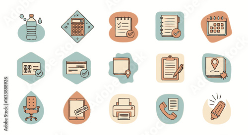 Retro office and business icon set for productivity and workflow management. Vintage style line art illustrations.