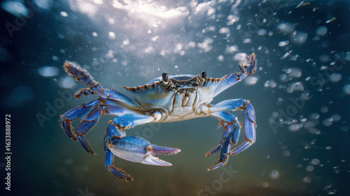 Blue Crab Swimming in Crystal-Clear Water Underwater