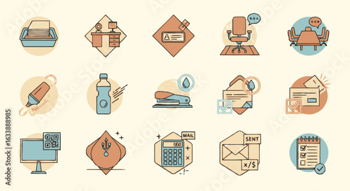 Vintage outline icon set for business communication, office equipment, and workplace concepts