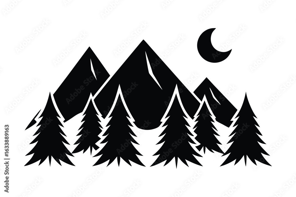 Obraz premium Silhouette of Mountain Peaks and Pine Trees Under a Crescent Moon A Minimalist Outdoor Adventure Scene for Nature Enthusiasts
