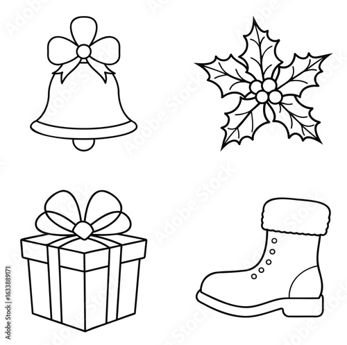 Christmas Icon Set – Black and White Holiday Line Art (Bell, Gift, Holly, Boot)