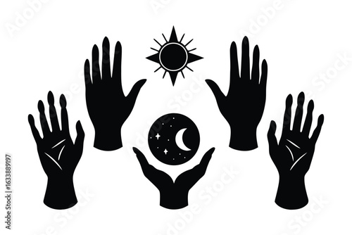 Celestial Hands A Mystical Composition of Human Connection to the Sun Moon and Stars Spiritual and Symbolic Art