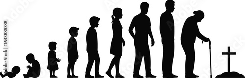 Life stages from infancy to old age, human growth, aging process, silhouette progression, birth to death, development, timeline, vector, illustration