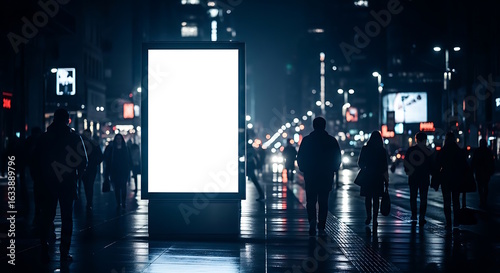 Fototapeta Naklejka Na Ścianę i Meble -  A blank vertical billboard on a city sidewalk at night