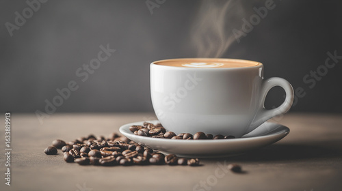 Latte in Porcelain Cup: Creamy Foam Art, Rising Steam, Scattered Beans, Dark Low-Angle Close-Up