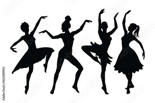 Four graceful ballerinas in silhouette performing a dance routine