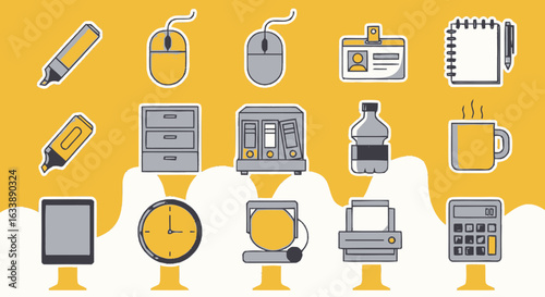 Vector icon set of essential office equipment and supplies. Modern workplace tools for business and productivity on a yellow background.