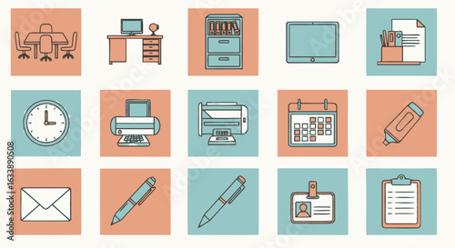 A collection of flat line art icons representing various office supplies, business equipment, and workplace elements.