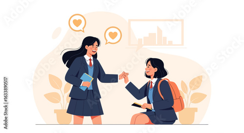 Friendly Students Meeting In School Hallway To Express Affection And Love