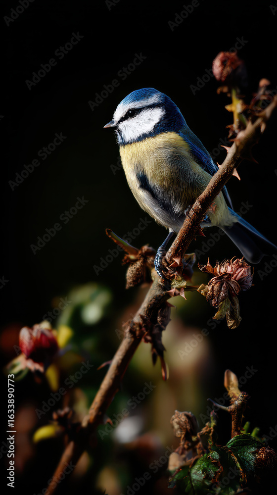 Obraz premium Blue Tit in a Garden Scene Natural Light High Contrast