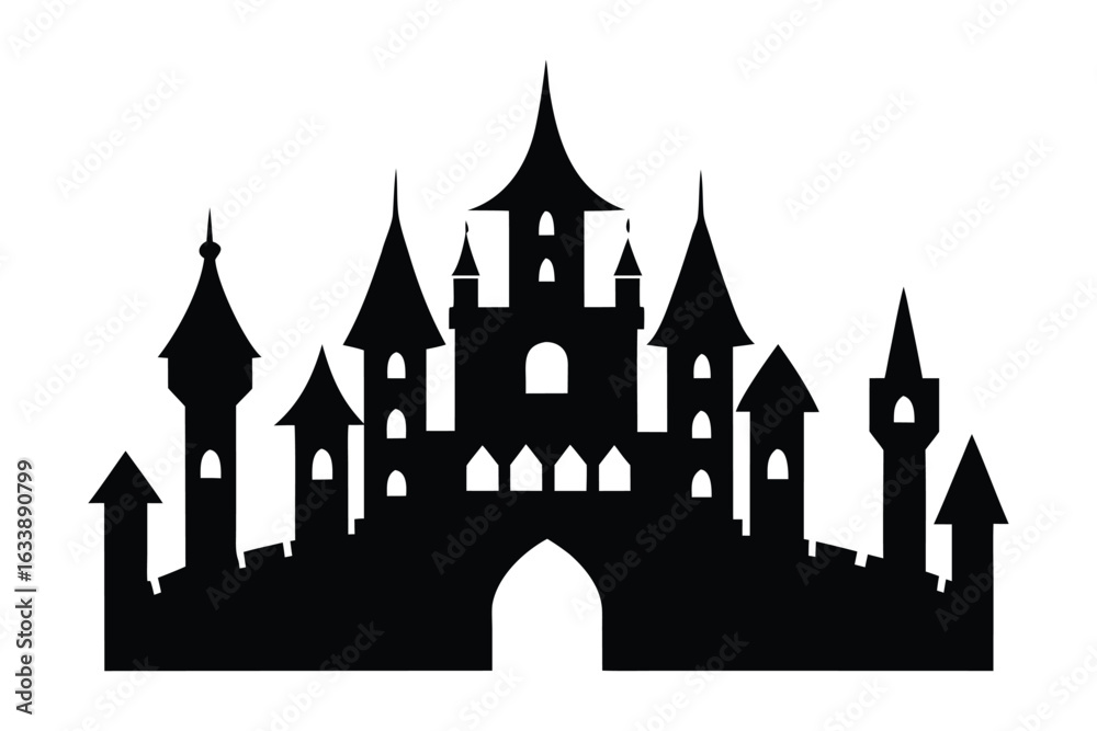 Fototapeta premium Black silhouette of a fairytale castle with multiple towers and an arched gateway