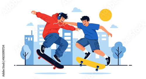 Friends Enjoying Skateboarding Together In Urban Park At Sunny Day