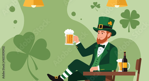 Happy Saint Patrick's Day Celebration With Cheerful Leprechaun Enjoying Beer