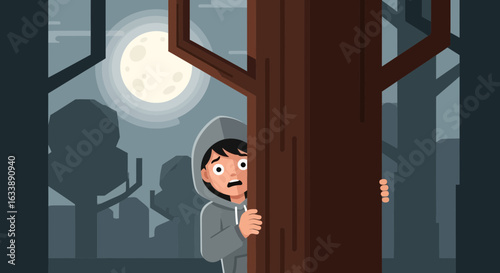 Frightened Youth Hiding Behind a Tree in Spooky Forest at Night