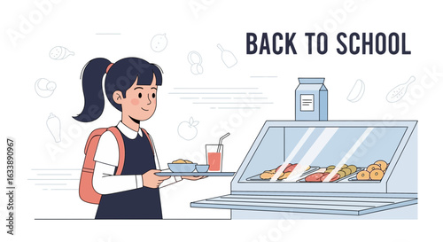 Happy Schoolgirl Holds A Tray With Food From The School Cafeteria Line
