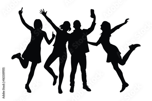 Happy friends jumping and taking a selfie together in silhouette