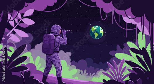 Future Explorer Gazing At Earth From Alien Jungle Planet Landscape Design