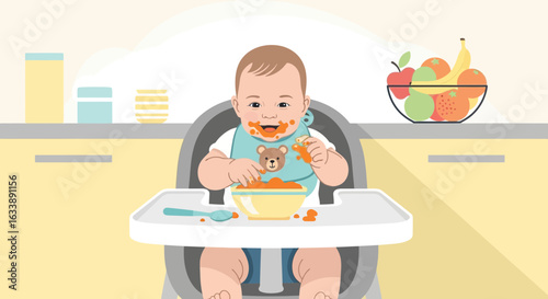 Happy Baby Eats Vegetables Independently In A Highchair At Home Kitchen