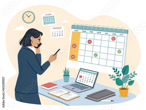 Woman working on laptop at home office. Freelance, remote work, self-isolation concept. Vector illustration in flat style