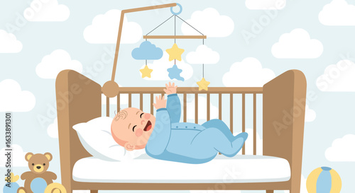 Happy Baby Laughing and Reaching for a Crib Mobile with Stars and Clouds