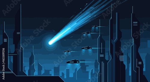 Futuristic Metropolis Under Celestial Event With Vehicles In Night Urban Landscape
