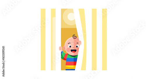 Happy Toddler Peeking Through Curtains Illustration Suitable For Nursery Decorations