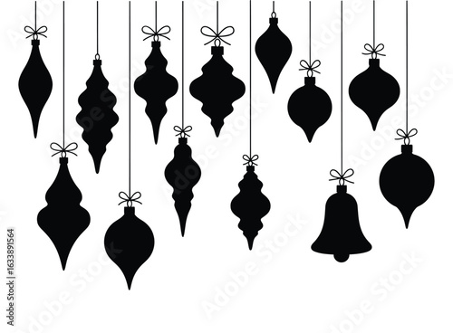 Black christmas ornaments silhouette vector hanging festive holiday decorations winter season baubles