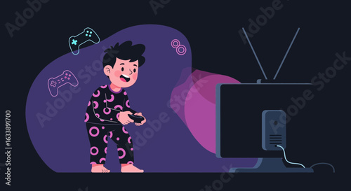 Happy Boy Enjoys Playing Video Games At Home In His Pajamas Late At Night