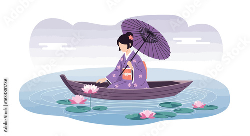 Geisha In Wooden Boat Floating Among Lotus Flowers On Lake