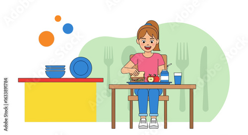 Happy Young Girl Preparing To Eat Lunch At A Table In An Illustration