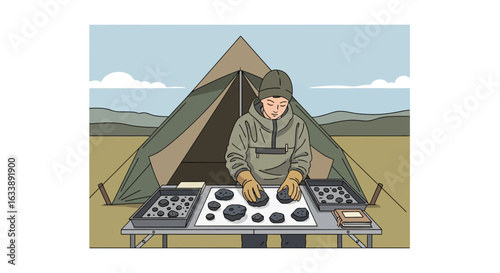 Geologist Inspecting Rock Samples In An Outdoor Camp For Research Purposes