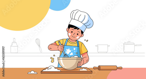 Happy Boy Preparing Baking Ingredients In The Kitchen Like A Professional Chef