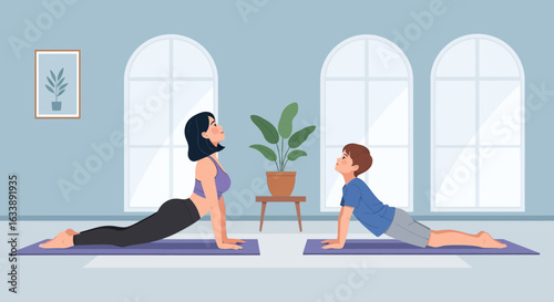 Harmonious Home Fitness Mother And Son Practicing Yoga Together At Home