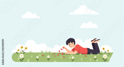 Heartbreak In Nature Young Man In Despair Amidst Flowers And Clouds