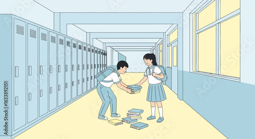Helpful Students Sharing Fallen Textbooks In A School Hallway Illustration